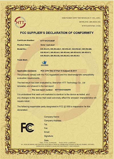 solar road stud FCC certificate
